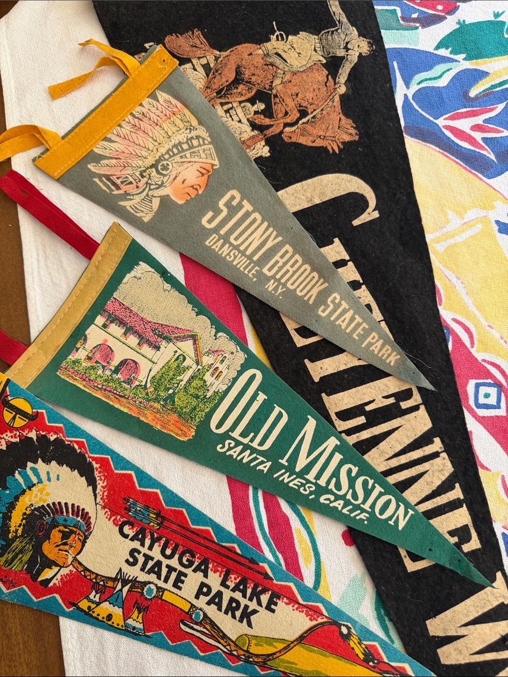 4 Vintage Travel Pennants  in Teal, Gray, Black, Red
